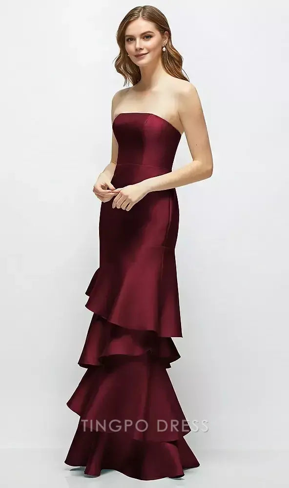 Elegant Strapless Tiered Ruffled Satin Mermaid Floor-Length Maxi Dress Prom Dress